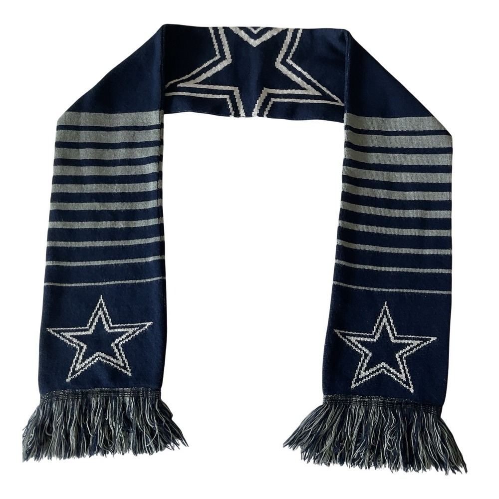 NFL Dallas Cowboys Knit Scarf Navy Blue Silver Striped Star Fringe Fan Gear‎